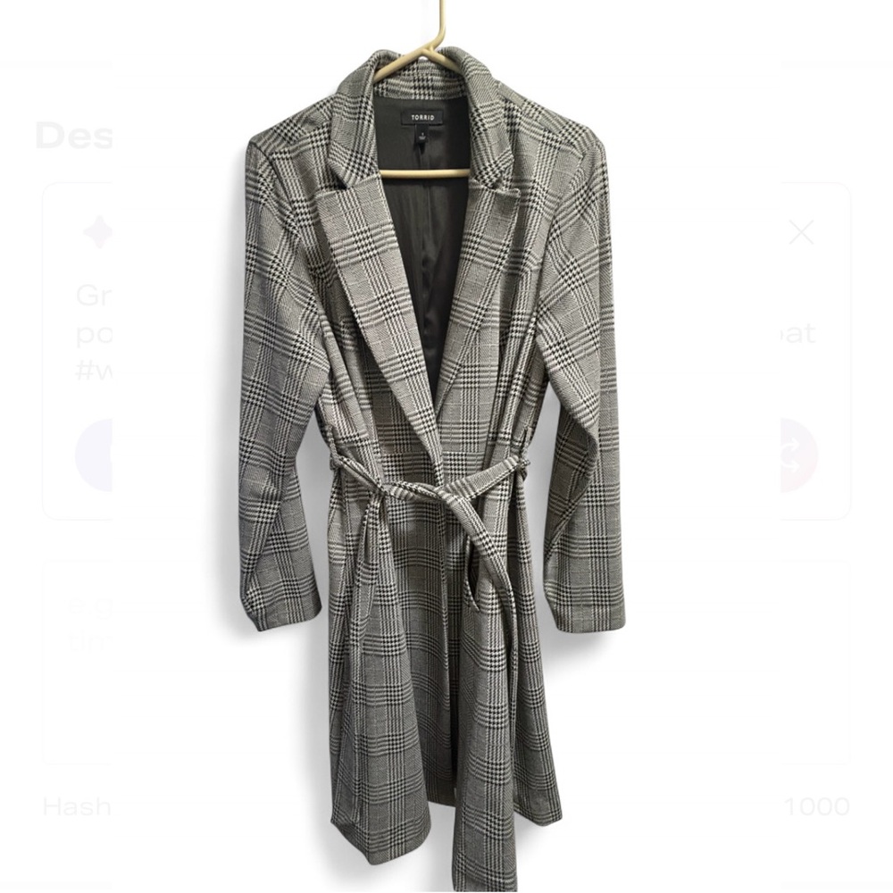 Torrid Black & White plaid overcoat with belt, pockets and single button closure